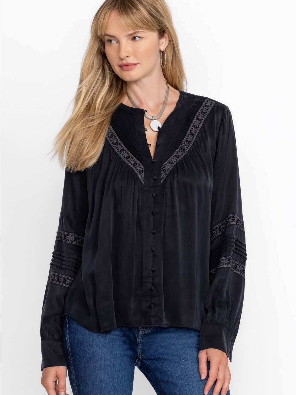 Johnny Was Calmé Navy Lace Trim Button Front Boho Blouse XXL